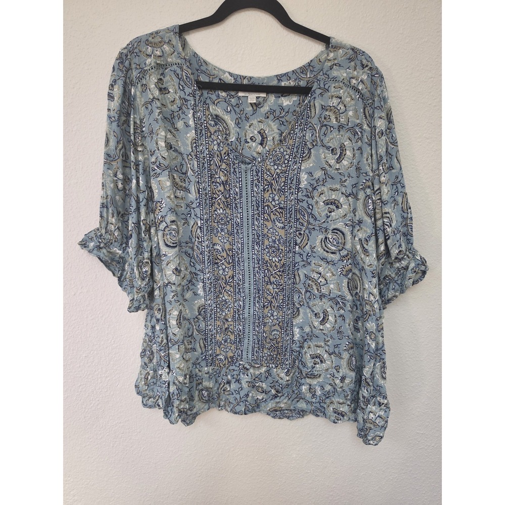Lucky Brand Blouse 2X Floral Blue 3/4 Sleeve Split Neck Boho Top Shirt